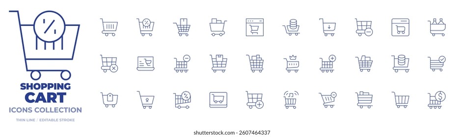 Shopping cart icons collection. Thin Line icons, editable stroke. purchase, trolley, discount, commerce, sale, ecommerce, consumerism, black friday, cart