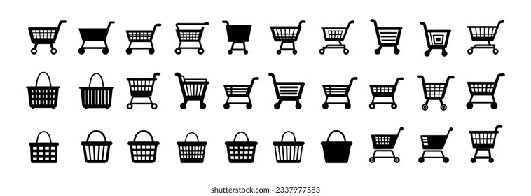 Shopping cart icons collection.Shopping basket vector icons.Empty supermarket shopping cart.Thin black buy and sale symbols.