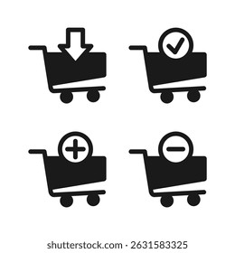 Shopping cart icons for E-commerce. Buying product online concept. Shopping trolley with arrow, check mark, plus and minus sign. Checkout basket. Virtual cart. Internet order. Vector illustration. 
