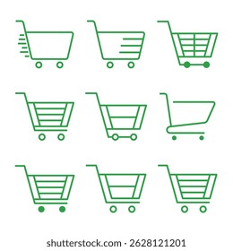 Shopping cart icons in green colors. Outline shopping cart icon for online stores. Line art style shopping cart icon. Suitable for user interfaces, digital marketplaces, and online payments.