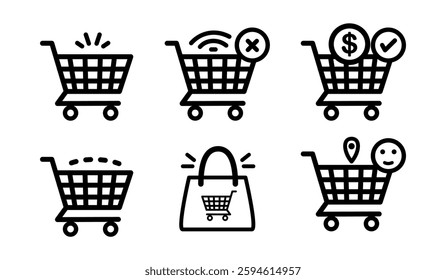 Shopping cart icons illustrating online shopping features and user interactions with digital carts