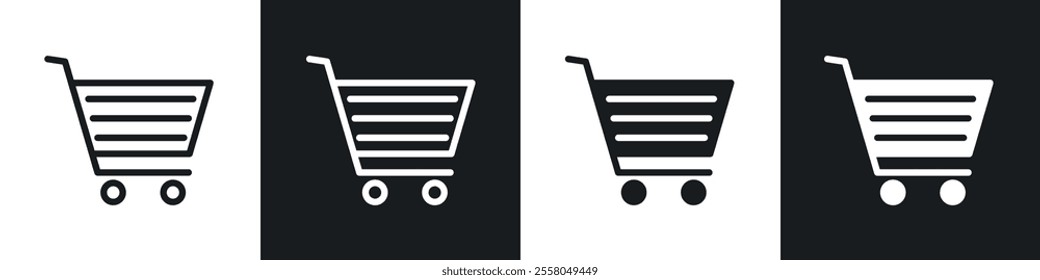 shopping cart icons pack in black and white filled and outlined versions.