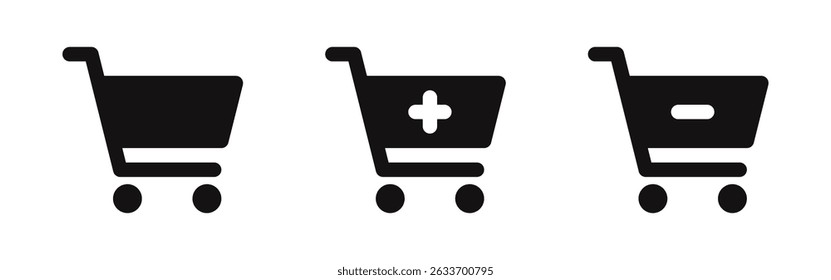Shopping cart icons set. Add and remove. Internet shop buy symbol.
