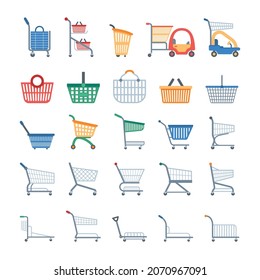 Shopping cart icons set. Flat illustration of shopping trolley and baskets