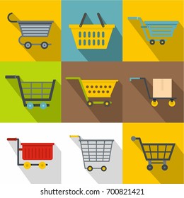 Shopping cart icons set. Flatset of 9 shopping cart vector icons for web with long shadow