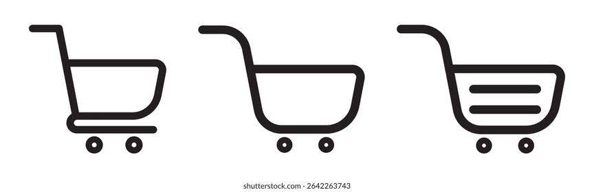 Shopping cart icons set. Internet shop buy symbol. Shopping basket icon collection. Shopping cart line and flat icon. Internet shop symbol. Web store shopping cart. Simple cart line artwork.
