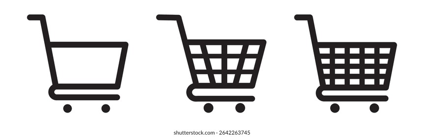 Shopping cart icons set. Internet shop buy symbol. Shopping basket icon collection. Shopping cart line and flat icon. Internet shop symbol. Web store shopping cart. Simple cart line artwork.