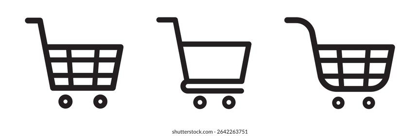 Shopping cart icons set. Internet shop buy symbol. Shopping basket icon collection. Shopping cart line and flat icon. Internet shop symbol. Web store shopping cart. Simple cart line artwork.