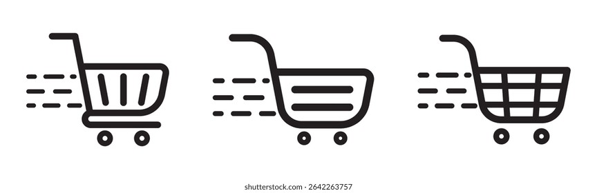 Shopping cart icons set. Internet shop buy symbol. Shopping basket icon collection. Shopping cart line and flat icon. Internet shop symbol. Web store shopping cart. Simple cart line artwork.