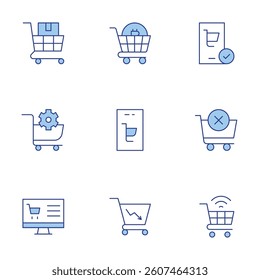 Shopping cart icons set. Line Duotone style, editable stroke. delivery box, ecommerce, online shopping, shopping cart, shopping, delete item.