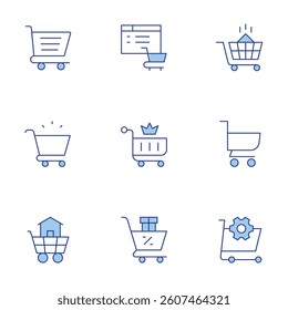 Shopping cart icons set. Line Duotone style, editable stroke. consumerism, cart, online shopping, shopping cart, real estate, empty cart.