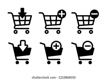 Shopping cart icons set, Supermarket trolley symbol for E-Commerce, Simple flat outline and silhouette design isolated on white background, Vector illustration