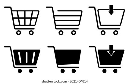 Shopping cart icons set, Supermarket trolley symbol for E-Commerce, Simple flat outline and silhouette design isolated on white background, Vector illustration