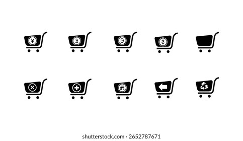 Ícones do carrinho de compras definidos. Conjunto de carrinho de carrinho de supermercado, ordem, adicionar ao carrinho, loja favorita, loja online, estatística de vendas de e-commerce, compra, ícone de vetor de cesta de compras com traço editável