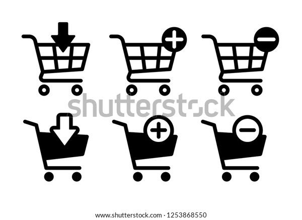 Shopping cart icons set, Supermarket\
trolley symbol for E-Commerce, Simple flat outline and silhouette\
design isolated on white background, Vector\
illustration