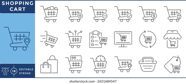 Shopping Cart icons set. Symbol, add, remove, purchase, secure, items, delivery, order, mobile shopping, payment, and many more. Vector editable stroke.