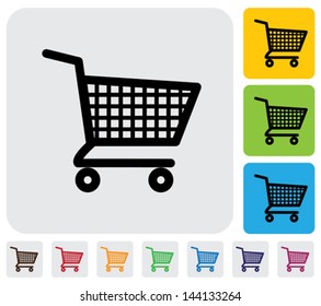 Shopping cart icons ( signs ) for online purchases- vector graphic. The illustration has simple colorful icons on green, orange & blue backgrounds & is useful for websites, blogs,  printing, etc