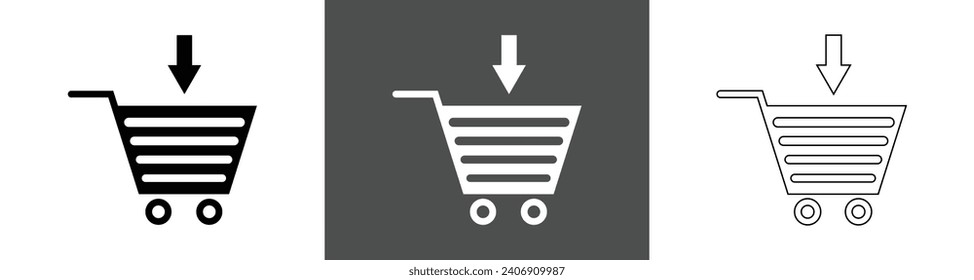Shopping cart icons, Supermarket trolley symbol for E-Commerce, Simple flat outline and line design isolated on white and grey background, Vector.
