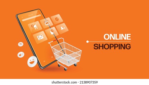 shopping cart and icons that represent online shopping applications floating on smartphone screen and there's a smiley icon floating next to it,vector 3d isolated on orange background for adverting