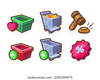 Iconos de carrito de compras para tu aplicación. Elementos de interfaz de usuario brillantes y notables. Carros de compras, tiendas online, subastas, promociones y otros. Bonita ilustración de interfaz de usuario vectorial para su negocio.