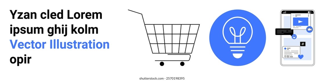 A shopping cart an idea lightbulb and a smartphone with app elements. Ideal for online shopping ideas mobile apps e-commerce and technology. Banner for landing page