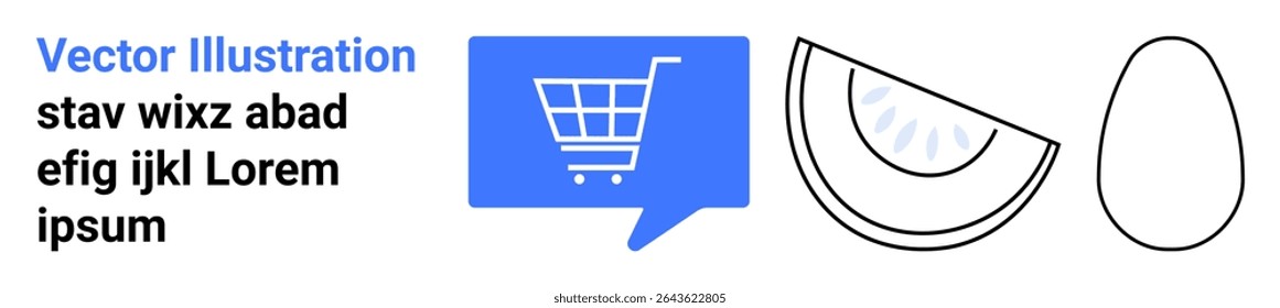 Shopping cart inside a blue message bubble, watermelon slice with seeds, and egg outline. Ideal for online shopping, food, grocery, e-commerce, communication, healthy eating, UX design. Landing page