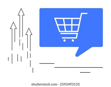 Shopping cart inside a blue speech bubble next to upward-trending arrows. Ideal for e-commerce, online retail, market trends, business growth, sales analytics, digital marketing, economic progress