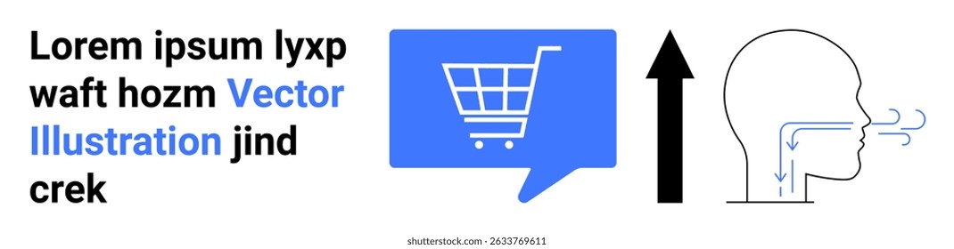 Shopping cart inside a blue speech bubble, person head with airflow, upward arrow. Ideal for online shopping, e-commerce, consumer habits, communication, breath, health awareness, digital marketing