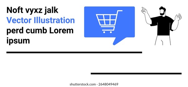 Shopping cart inside blue speech bubble, character pointing, text elements, horizontal lines. Ideal for online shopping, web design, user interface, digital marketing, commercial use, e-commerce