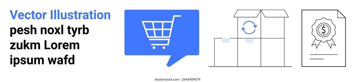 Shopping cart inside speech bubble with blocks, circular arrows, and a certificate. Ideal for online shopping, shipping, logistics, customer service, quality assurance, e-commerce businesses, retail