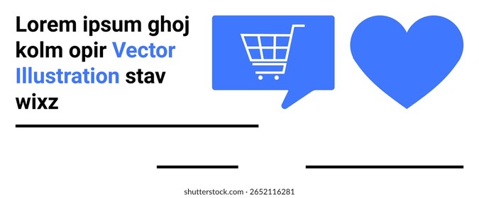 Carrinho de compras dentro da bolha de fala, ícone de coração simples, texto de espaço reservado. Ideal para comércio eletrônico, compras on-line, satisfação do cliente, análise de produtos, design de sites, aplicativos móveis, marketing