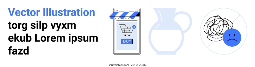 Carrinho de compras dentro de uma loja com um botão Comprar, contorno de jarro simplificado, rabiscar emaranhado com um rosto triste. Ideal para e-commerce, compras, lojas on-line, estados emocionais, varejo, estresse