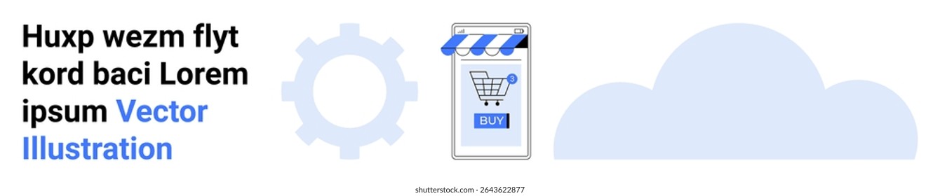 Shopping cart integrated with storefront, gear symbolizing settings, and cloud representation. Ideal for online shopping, technology services, app interfaces, business presentations, product