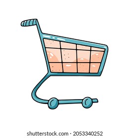 Shopping cart isolated on white background. Vector illustration in doodle style. Hand drawn shop backet. Big sale concept