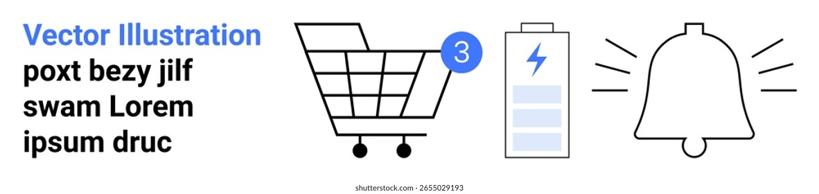 Carrito de compras con indicador de recuento de artículos, Estado de batería con icono de encendido y campana de notificación. Ideal para comercio electrónico, App móviles, notificaciones, gestión de baterías, diseño UX, interfaces de Web