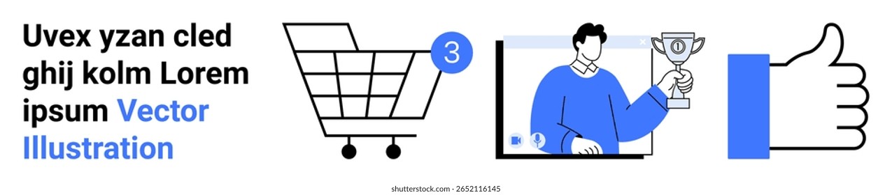 Carrinho de compras com contagem de itens, homem segurando um troféu na frente de um computador, polegares ícone para cima. Ideal para e-commerce, compras on-line, sucesso do usuário, conquistas digitais, satisfação do cliente, recompensas