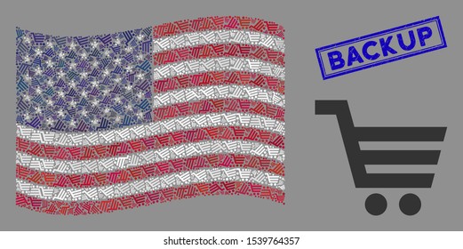 Shopping cart items are organized into American flag collage with blue rectangle grunge stamp seal of Backup caption. Vector collage of USA waving flag is organized of shopping cart elements.