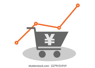 Shopping cart and Japanese Yen symbol. Rising purchasing power and inflation related indicators. Simple illustrations. Icon material.