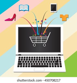 Shopping Cart in Laptop Computer Screen, Shopping Online Vector Illustration Business Concept