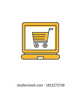shopping cart in laptop for e commerce concept icon yellow theme design