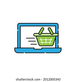 Shopping Cart with Laptop icon Vector Design. Shopping Cart icon with Laptop design concept for e-commerce, online store and marketplace website, mobile, logo, symbol, button, sign, app UI