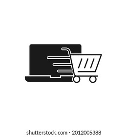 Carro de compras con icono de portátil Diseño de vectores. Icono de carro de compras con concepto de diseño de laptop para comercio electrónico, tienda online y sitio web de mercado, móvil, logotipo, símbolo, botón, signo, interfaz de usuario de aplicación