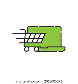 Carro de compras con icono de portátil Diseño de vectores. Icono de carro de compras con concepto de diseño de laptop para comercio electrónico, tienda online y sitio web de mercado, móvil, logotipo, símbolo, botón, signo, interfaz de usuario de aplicación