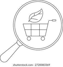 Un Carrito de compras con una hoja está dentro de una lupa