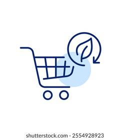 Shopping cart, leaf and recycling arrow. Environmentally conscious purchases. Eco-friendly products. Pixel perfect, editable stroke icon