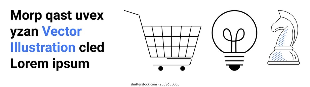 Shopping cart light bulb and chess knight with placeholder text Morp qast uvex yzan and lorem ipsum. Ideal for e-commerce marketing innovation business strategy and vector illustration. Landing page