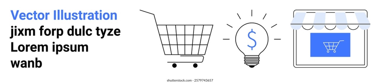 Shopping cart light bulb with dollar sign and store window with awning. Ideal for e-commerce online shopping business ideas and digital marketing. Banner for landing page