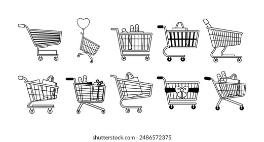 Shopping Cart Line Art Set