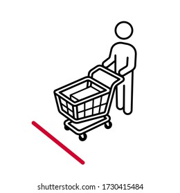 Shopping cart line up behind the decal marker sticker on the floor for keep social distancing from coronavirus icon sign symbol