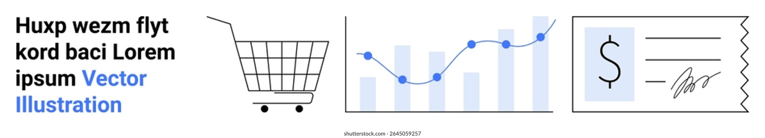 Shopping cart, line chart with data points, signed receipt reflect the growth of e-commerce. Ideal for finance, business growth, online retail, data analysis, marketing, financial planning, website